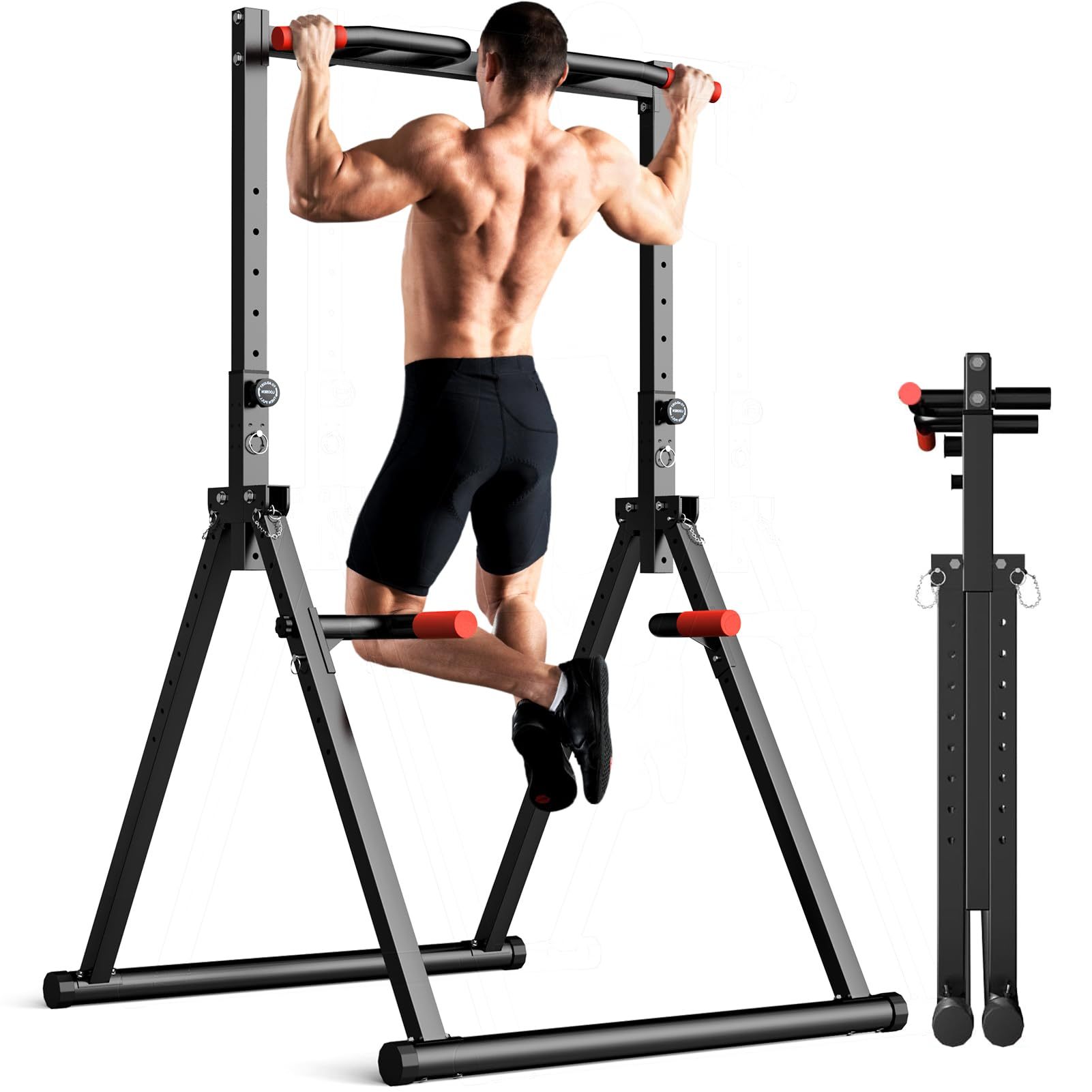 Free-standing foldable pull-up and dip station with a black steel A-frame and red foam grips, shown in use and folded