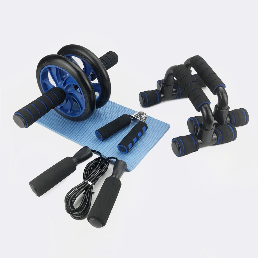Blue and black training set with an ab roller wheel, push-up bars, hand gripper, jump rope and knee mat