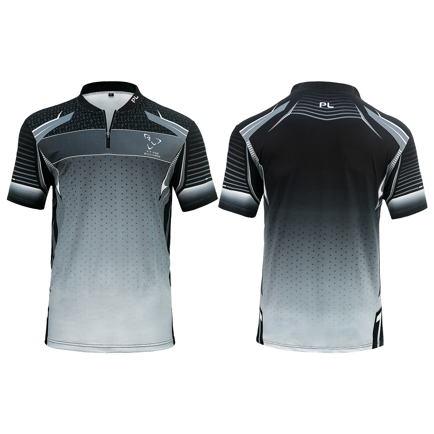 Black and grey sublimated performance jersey with a short zip stand collar, shown front and back
